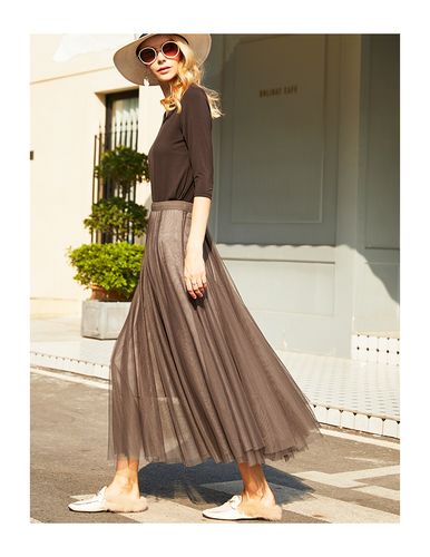 半身裙女纱裙2020春装新款中长款高腰伞裙气质显瘦百搭百褶裙 咖啡色