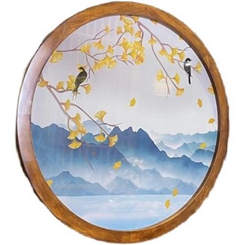 清怡玄关装饰画新中式透明乔其纱画绢丝屏风隔断双面玄关晶瓷画