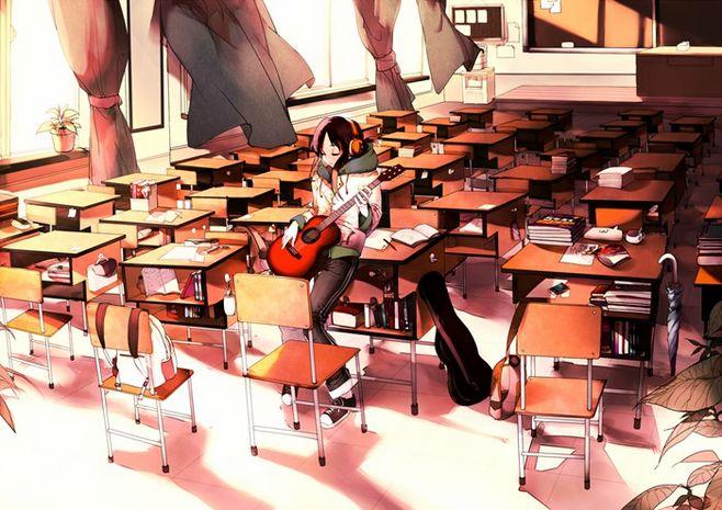 唯美高清的学校教室场景插画图片