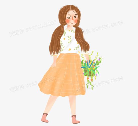 手绘卡通春天女孩提花篮元素