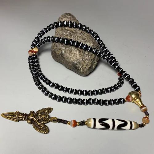 藏区珍品天然一线药师佛珠项链 主珠直径约8mm108颗,老料双虎牙天珠
