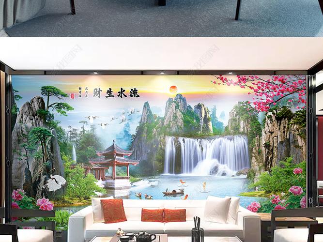 原创山水画瀑布山水流水生财电视沙发背景墙版权可商用