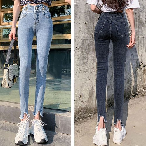 高腰收腹牛仔裤女士2021春秋季新款高弹力韩版修身显瘦九分潮裤子