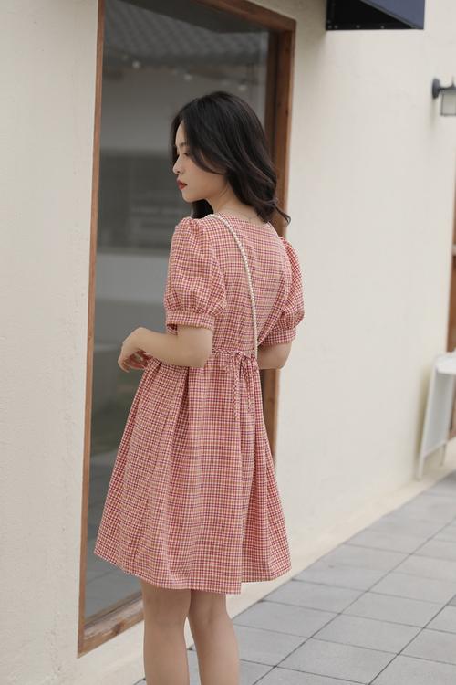 8679#实拍2022年夏款主推款格子洋气短袖复古森女港