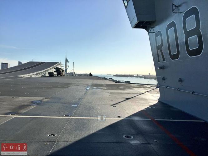从航海舰岛旁朝舰艏甲板拍摄的飞行甲板,r08为"女王"号的舷号.