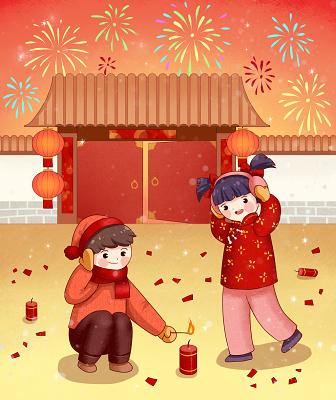 插画春节插画新年插画节日卡通手绘新年习俗放鞭炮放烟花原创设计素材