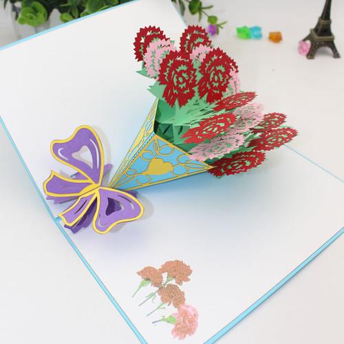 新款创意3d立体贺卡剪纸折纸激光镂空厂家教师节礼物卡片康乃馨花