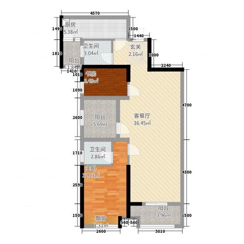 依云曦城2室2厅2卫1厨101.00㎡户型图