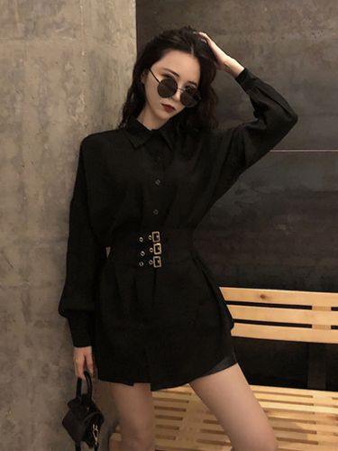 2020新春装性感宽松显瘦中长款黑色衬衫金属扣腰封收腰衬衣女