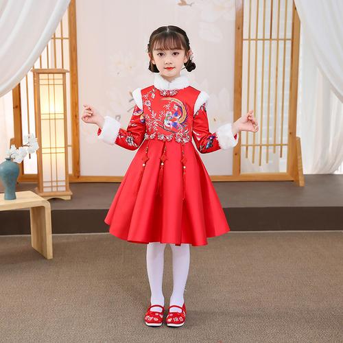 女童连衣裙秋冬公主裙儿童加绒加厚旗袍中国风小女孩红裙子拜年服