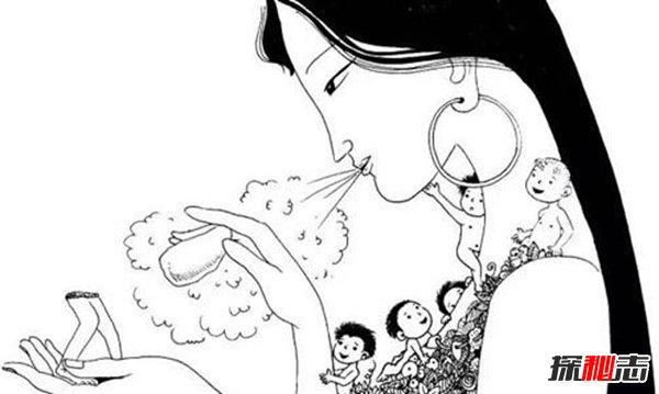 女娲来到河边,看着河中的倒影,突发奇想的按照自己的样子,用水边的