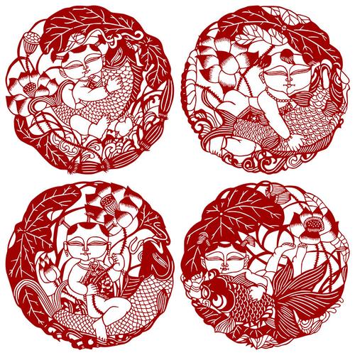 中国传统手工刻纸图样素材高清年画人物花鸟剪纸图案黑白打印底稿