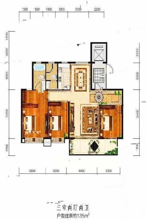 渭南富平龙记檀府三室两厅两卫户型图_首付金额_3室2厅2卫_135.