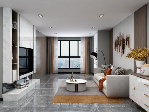 客厅整体搭配黑白灰为主,棕色为点缀.