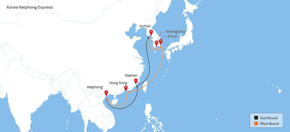 khx航线挂靠港序为仁川,光阳,釜山,香港,海防,厦门,仁川.