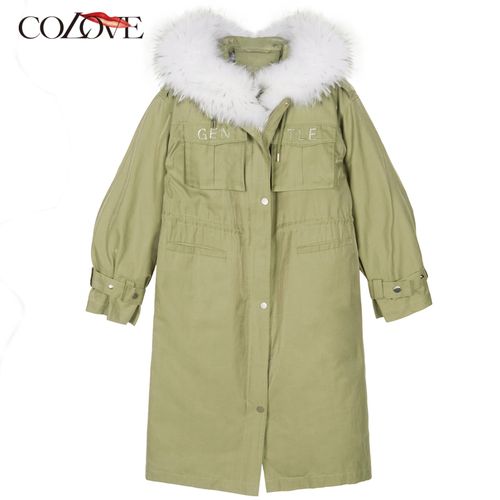 卡拉佛羽绒服女冬季军绿色中长款工装亮面高端品牌派克皮草外套