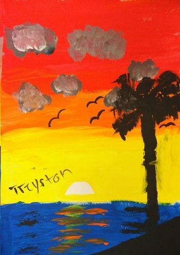 美丽的黄昏水粉大海风景画图片大全