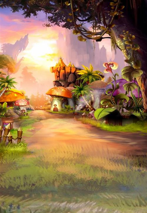 神秘梦幻唯美童话仙境梦境黄昏太阳光影森林树木鲜花蘑菇小屋动漫cg