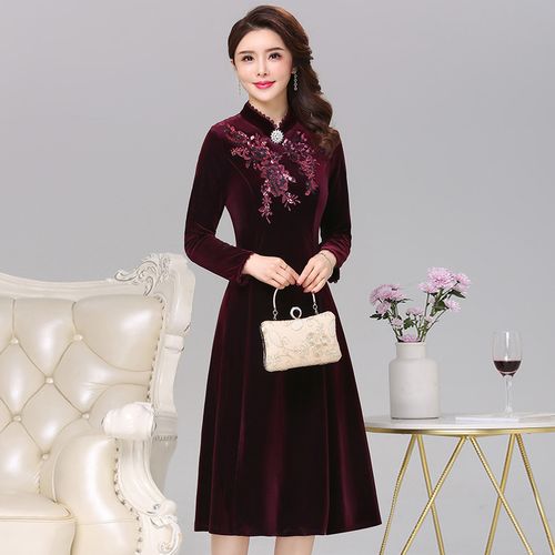 妈妈秋装洋气连衣裙女中年春秋喜婆婆高贵结婚礼服长款金丝绒裙子