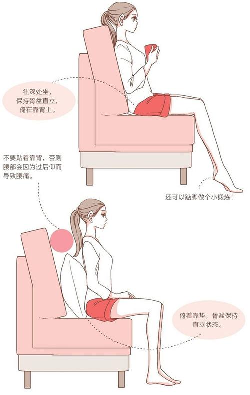 坐沙发——往深处坐,盆骨直立,倚住靠背,还可以踮脚做个小锻炼  6. 7.