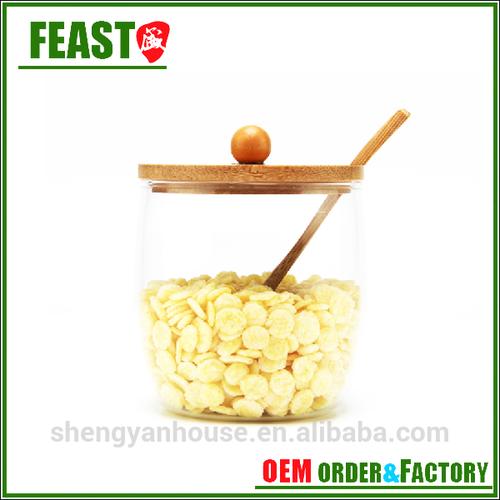 glass spice jar with wooden lid for kitchen food