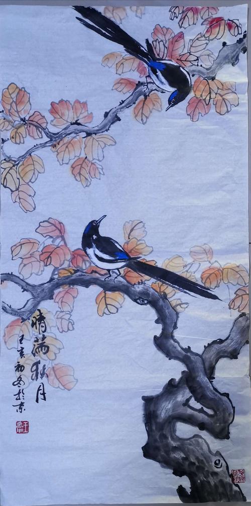 喜鹊是花鸟画中的常见题材,像喜鹊报春,喜鹊登枝,红梅喜鹊等等.