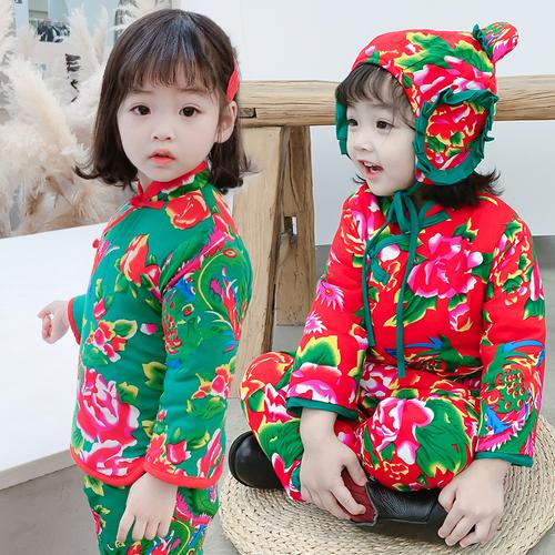 东北大花袄儿童花棉袄套装女童宝宝冬装加厚棉裤洋气小童花布棉衣