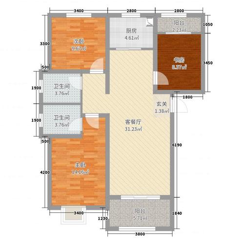 鲁香山3室2厅2卫1厨104.00㎡户型图