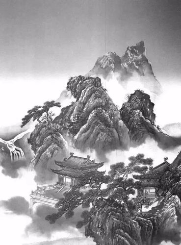 工笔线描山水画-楼阁