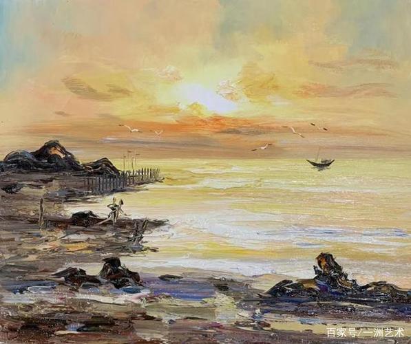 海边夕阳美景油画,让彩云伴海鸥,用画画记录生活美景