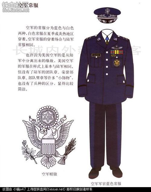美国空军的制服和军衔标志等与陆军十分相近,以体现其产生于陆军的
