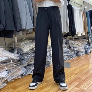男士四季子宽松潮流垂感阔腿长裤青少年休闲裤泼墨设计感直筒西裤