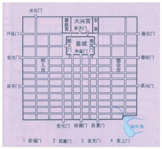 隋大兴城宫城地图唐武德元年(618年),李渊于长安废隋恭帝杨侑自立,国