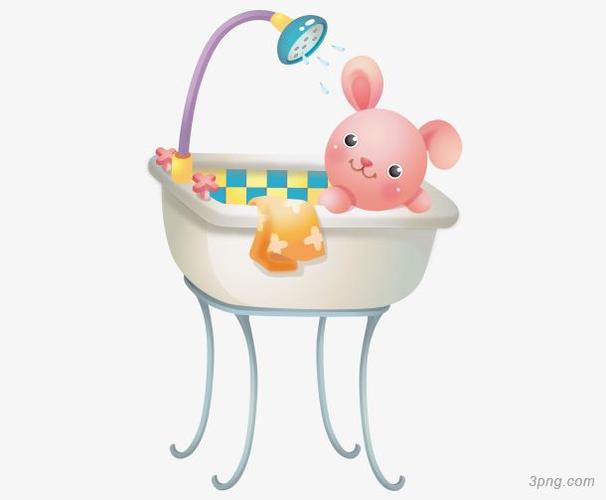 矢量卡通手绘坐在浴盆洗澡小兔子png素材透明免抠图片