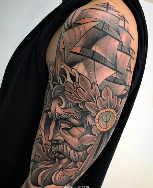 大臂欧美newschool海神波塞冬帆船纹身图案