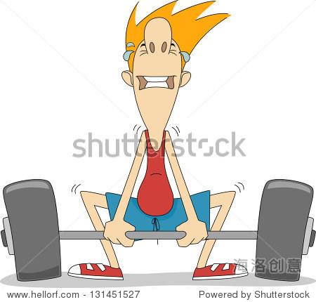 illustration of an strained thin man trying to lift a heavy