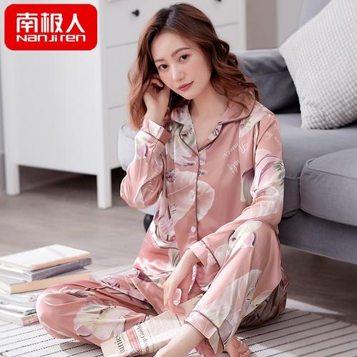 春秋款女士睡衣冰丝长袖薄款仿真丝绸夏季中年妈妈家居服两件套装