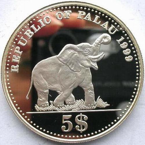 帕劳1999年德属东非领地5元大象精制银币(大图展示)