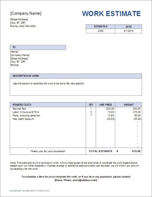 work estimate template