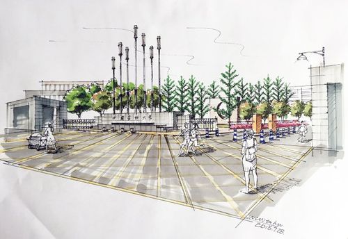 大学大门入口三透视图上色稿