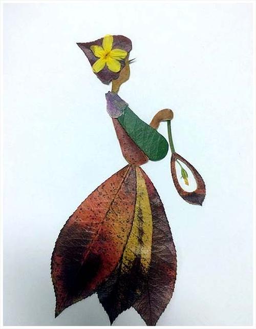 教你如何用树叶来制作漂亮的手工粘贴画 美丽的姑娘
