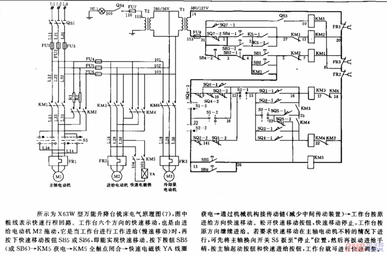 x63w型万能升降台铣床电气原理图电路(7)快速行程回路
