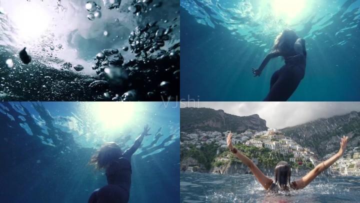 大海海洋潜水美女游泳手阳光海底阳光光芒光明美女游泳美女潜水水底