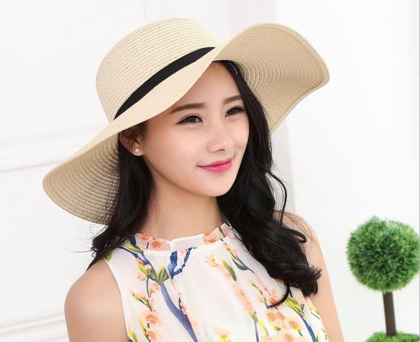 时尚帽子女夏季新款海滩遮阳帽可折叠沙滩出游度假草帽韩版大沿帽