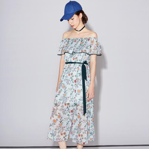 季候风女装2019夏季新款复古碎花一字领长裙连衣裙