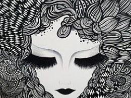 黑白线描画-美人图