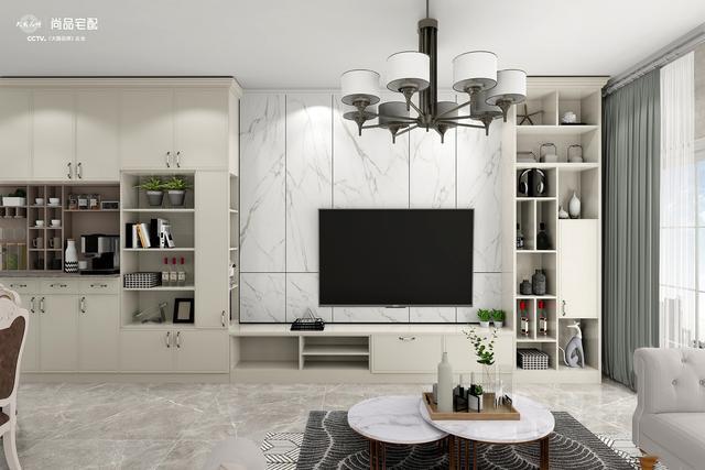 电视柜和餐边柜的结合,既增大了空间的储物功能,同时也为电视背景墙