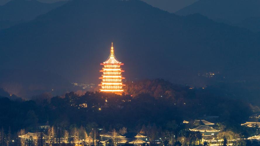 雷峰塔,杭州,公园,夜,照明,中国 8k