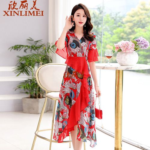 2021年服装流行风格,2021服装流行风格 时尚气质显瘦夏天裙子2021年夏季新款女装雪纺连衣裙流行过膝长裙