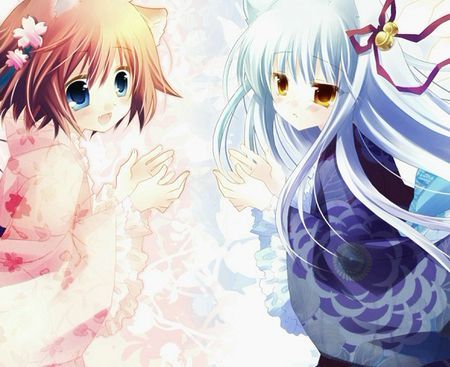 动漫 两个有狐狸耳朵的女孩,一个是粉色头发带着樱花头饰,瞳孔是蓝色